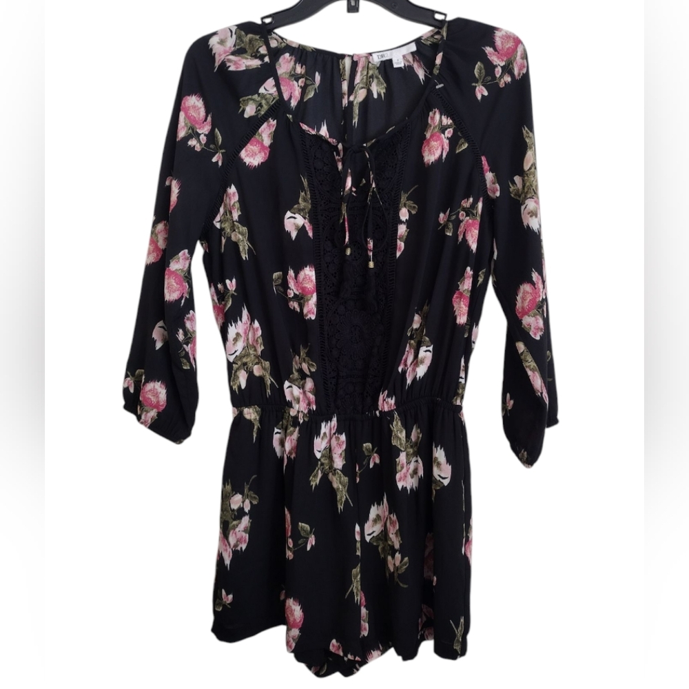 DR2 Black Romper With Multicolor Floral Print Neck Tie Tassels Size Small